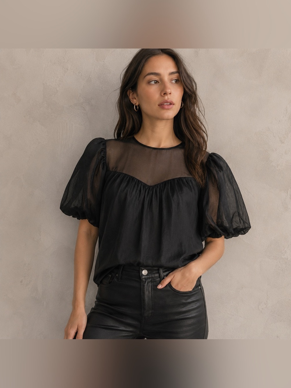 Frame Denim Shirt Womens Small Black Noir Silk Cotton Puff Sleeve Mesh